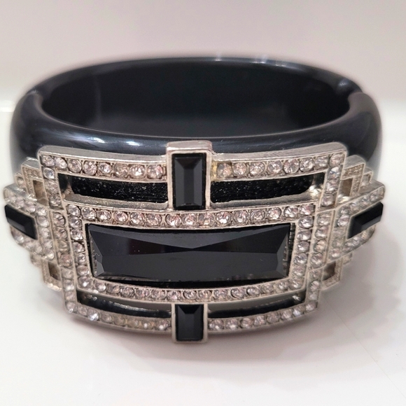 Statement Black & Silver Rhinestone Cuff Bracelet Art Deco Glam - Picture 2 of 9